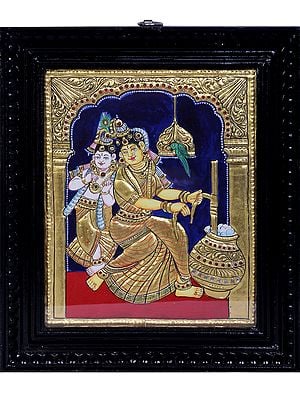 Bal Krishna with Maa Yashoda | Traditional Colors With 24K Gold | Teakwood Frame | Handmade