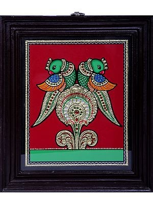 Pair Of Parrot Tanjore Painting | Traditional Colors With 24K Gold | Teakwood Frame | Handmade