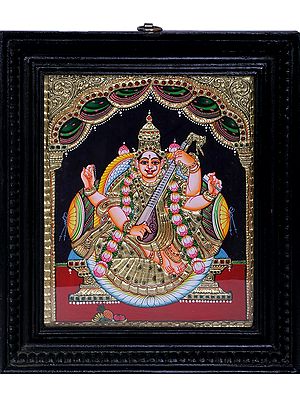 Goddess Saraswati | Traditional Colors With 24K Gold | Teakwood Frame | Handmade