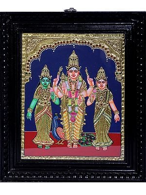 Lord Murugan with Valli & Theivanai | Traditional Colors With 24K Gold | Teakwood Frame | Handmade
