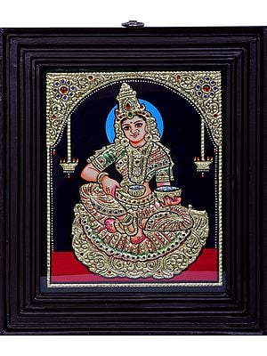 Goddess Annapurna | Traditional Colors With 24K Gold | Teakwood Frame | Gold & Wood | Handmade