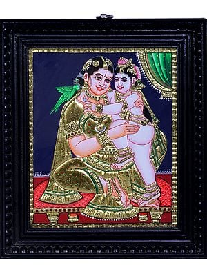 Bal Krishna with Maa Yashoda | Traditional Colors With 24K Gold | Teakwood Frame | Gold & Wood | Handmade