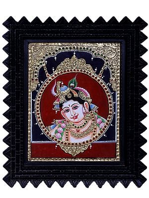 Lord Krishna Face | Traditional Colors With 24K Gold | Teakwood Frame | Gold & Wood | Handmade