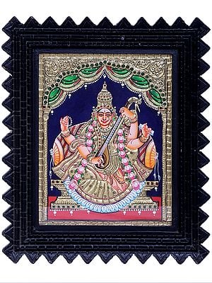 Goddess Saraswati Tanjore Painting | Traditional Colors With 24K Gold | Teakwood Frame | Handmade