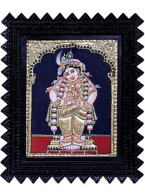 Standing Navaneeta Lord Krishna | Traditional Colors With 24K Gold | Teakwood Frame | Gold & Wood | Handmade