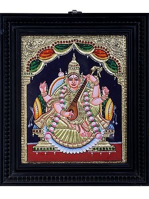 Goddess Saraswati Tanjore Painting with Teakwood Frame | Traditional Colors With 24K Gold | Handmade