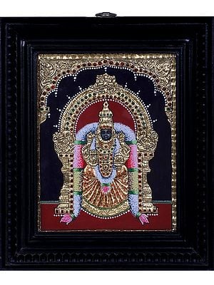 Handmade Gold & Wood Goddess Padmavati Tanjore Painting with Teakwood Frame | Traditional Colors With 24K Gold