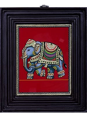 Elephant Tanjore Painting | Traditional Colors With 24K Gold | Teakwood Frame | Handmade