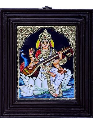 Goddess Saraswati | Traditional Colors With 24K Gold | Teakwood Frame | Gold & Wood | Handmade