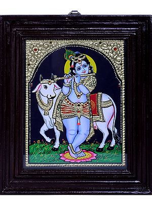 Lord Krishna with Cow | Traditional Colors With 24K Gold | Teakwood Frame | Gold & Wood | Handmade