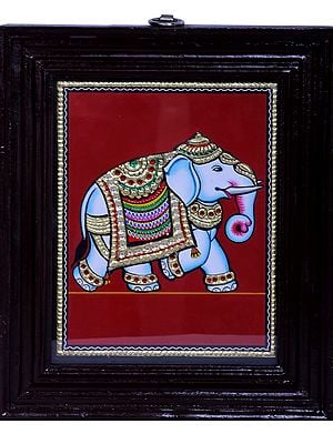 Elephant Tanjore Painting | Traditional Colors With 24K Gold | Teakwood Frame | Gold & Wood | Handmade