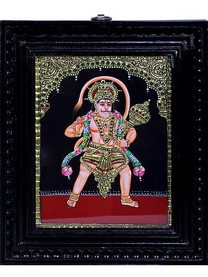 Standing Hanuman Tanjore Painting | Traditional Colors With 24K Gold | Teakwood Frame | Gold & Wood | Handmade