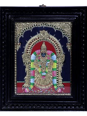 Goddess Padmavati | Traditional Colors With 24K Gold | Teakwood Frame | Gold & Wood | Handmade
