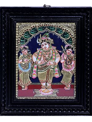 Standing Navaneeta Krishna | Traditional Colors With 24K Gold | Teakwood Frame | Gold & Wood | Handmade