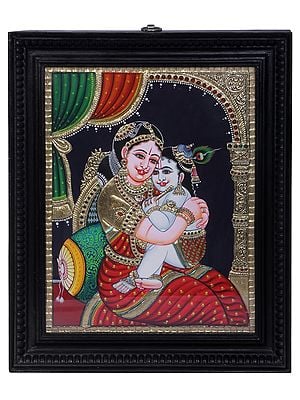 Bal Krishna with Maa Yashoda | Traditional Colors With 24K Gold | Teakwood Frame | Gold & Wood | Handmade