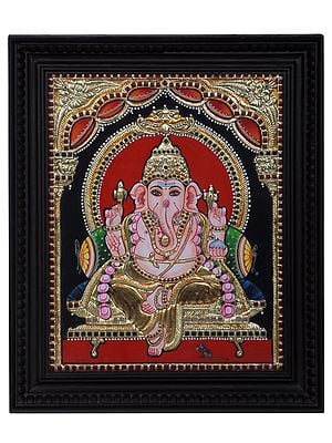 Seated Lord Ganesha Tanjore Painting | Traditional Colors With 24K Gold | Teakwood Frame | Handmade