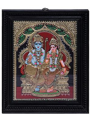 Shri Rama with Devi Sita | Tanjore Painting with Teakwood Frame | Traditional Colors With 24K Gold | Handmade