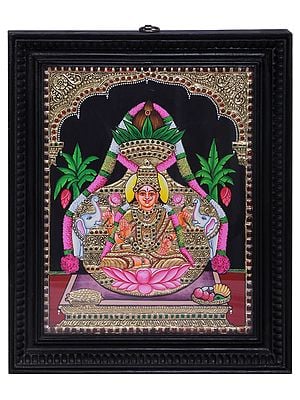 Goddess Gajalakshmi | Traditional Colors With 24K Gold | Teakwood Frame | Gold & Wood | Handmade