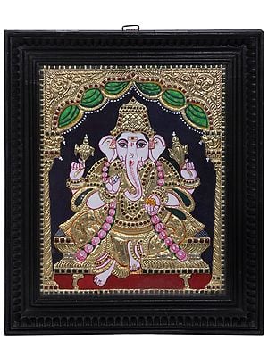 Seated Lord Ganesha | Traditional Colors With 24K Gold | Teakwood Frame | Gold & Wood | Handmade