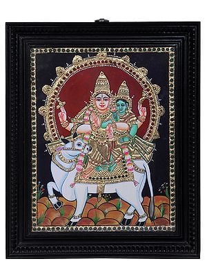 Lord Shiva with Goddess Parvati Seated on Nandi | Traditional Colors With 24K Gold | Teakwood Frame | Gold & Wood | Handmade