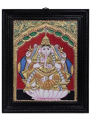 Lord Ganesha Seated on Throne | Traditional Colors With 24K Gold | Teakwood Frame | Gold & Wood | Handmade