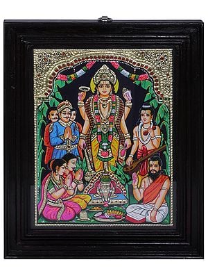 Shri Satyanarayan Katha | Traditional Colors With 24K Gold | Teakwood Frame | Gold & Wood | Handmade