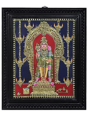 Standing Lord Karttikeya (Murugan) Tanjore Painting with Teakwood Frame | Traditional Colors With 24K Gold | Handmade