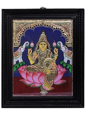 Goddess Gajalakshmi | Traditional Colors With 24K Gold | Teakwood Frame | Gold & Wood | Handmade