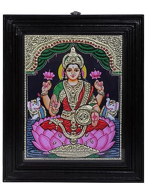 Devi Gajalakshmi Tanjore Painting with Teakwood Frame | Traditional Colors With 24K Gold | Handmade
