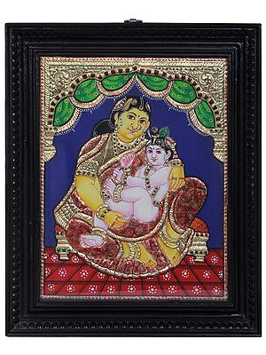 Baby Krishna with Maa Yashoda | Traditional Colors With 24K Gold | Teakwood Frame | Gold & Wood | Handmade