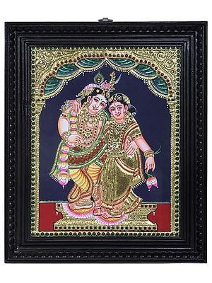 Radha Krishna Tanjore Painting with Teakwood Frame | Traditional Colors with 24K Gold | Handmade