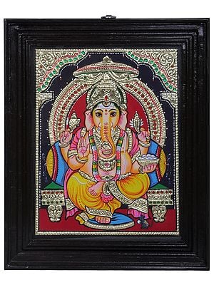 Lord Ganesha Seated on Throne | Tanjore Painting with Teakwood Frame | Traditional Colors With 24K Gold | Handmade