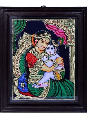 Bala Krishna With Maiya Yashoda  Tanjore Painting | Traditional Colors With 24K Gold | Teakwood Frame