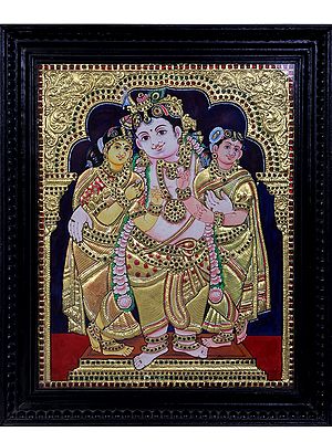 Lord Krishna With His Wives - Satyabhama & Rukmani Tanjore Painting | Traditional Colors With 24K Gold | Teakwood Frame