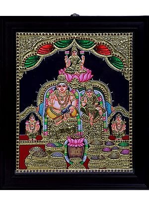 Lord Kubera With Goddess Lakshmi Tanjore Painting | Traditional Colors With 24K Gold | Teakwood Frame