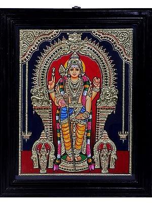 Standing Lord Kartikeya Tanjore Painting | Traditional Colors With 24K Gold | Teakwood Frame