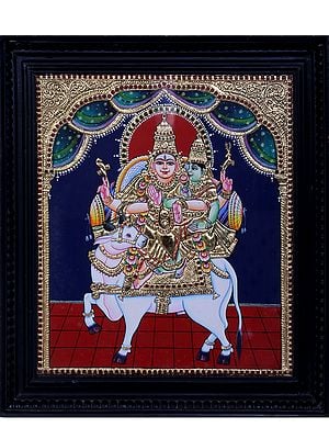 Shiva & Parvathi on Nandi Tanjore Painting | Traditional Colors With 24K Gold | Teakwood Frame
