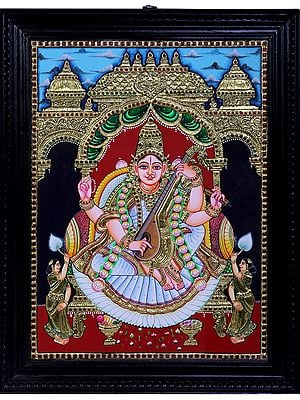 Goddess Saraswati Playing Veena | Tanjore Painting with Teakwood Frame | Traditional Colors with 24K Gold