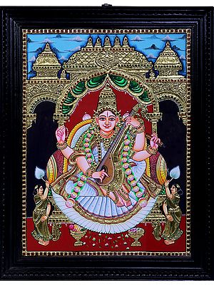 Goddess Saraswati Playing Veena Tanjore Painting | Traditional Colors With 24K Gold | Teakwood Frame