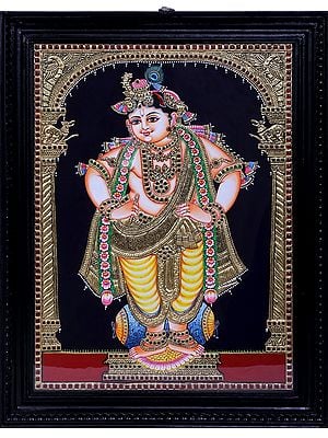Standing Lord Krishna Tanjore Painting | Traditional Colors With 24K Gold | Teakwood Frame
