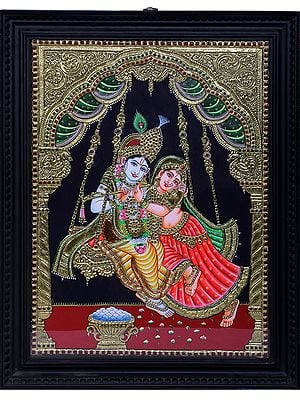 Radha Krishna on Swing Tanjore Painting | Traditional Colors With 24K Gold | Teakwood Frame