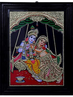 Radha Krishna Riding on Jhula Tanjore Painting | Traditional Colors With 24K Gold | Teakwood Frame