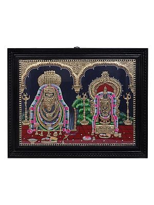 Lord Annamalai with Goddess Unnamalai | Traditional Colors With 24K Gold | Teakwood Frame | Gold & Wood | Handmade