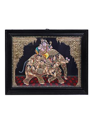 Lord Krishna Seated on Elephant | Traditional Colors With 24K Gold | Teakwood Frame | Gold & Wood | Handmade