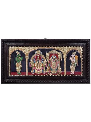 Lord Balaji with Goddess Padmavati Tanjore Painting | Traditional Colors With 24K Gold | Teakwood Frame | Handmade