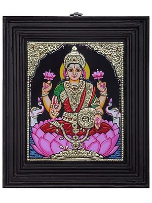Goddess Gajalakshmi Tanjore Painting | Traditional Colors With 24K Gold | Teakwood Frame | Handmade