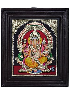 Lord Ganesha Seated on Throne | Traditional Colors With 24K Gold | Teakwood Frame | Gold & Wood | Handmade