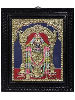 Lord Tirupati Balaji | Traditional Colors With 24K Gold | Teakwood Frame | Gold & Wood | Handmade