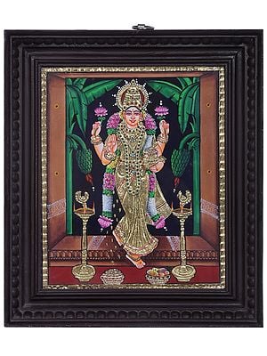 Standing Goddess Lakshmi | Traditional Colors With 24K Gold | Teakwood Frame | Gold & Wood | Handmade