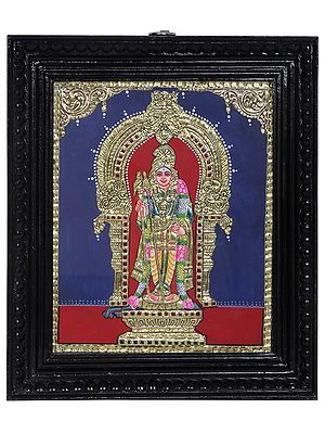 Standing Lord Karttikeya (Murugan) | Traditional Colors With 24K Gold | Teakwood Frame | Gold & Wood | Handmade